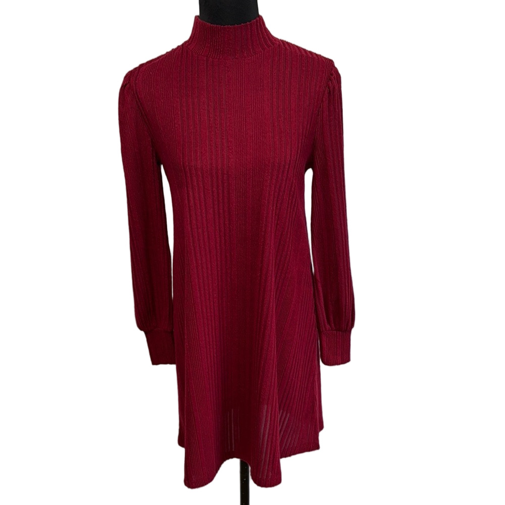 Maurices Medium Red Ribbed Mock Neck Bishop Sleeve Sweater Dress